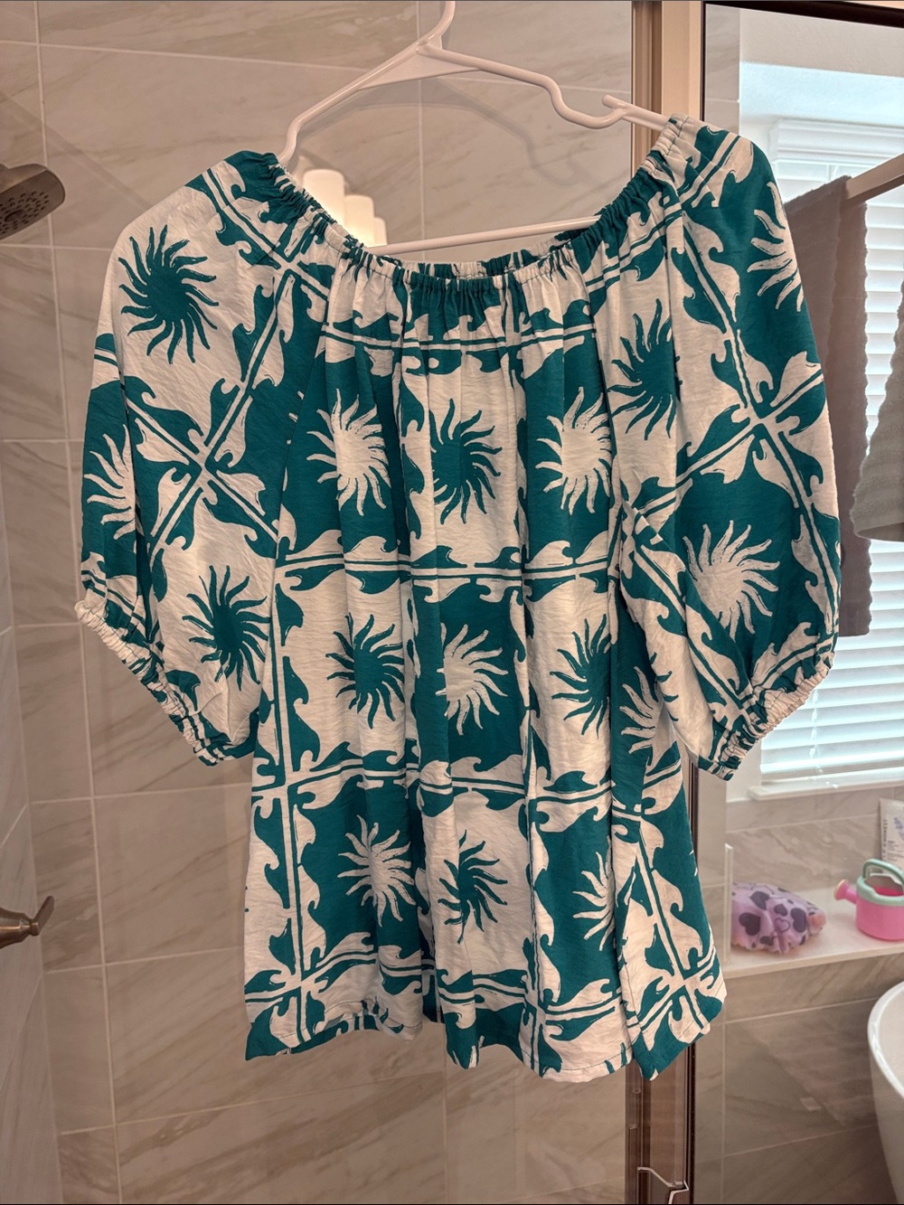 Sonoma Teal and White Printed Blouse 1/2 sleeve